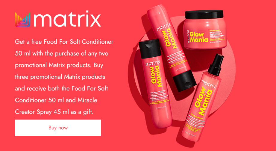 Get a free Food For Soft Conditioner 50 ml with the purchase of any two promotional Matrix products. Buy three promotional Matrix products and receive both the Food For Soft Conditioner 50 ml and Miracle Creator Spray 45 ml as a gift